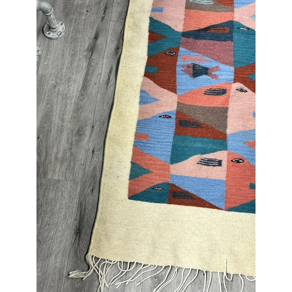 Vintage Zapotec Oaxacan Fringed Mexican Wool Rug Fish Stories Rug 58 X 23.5